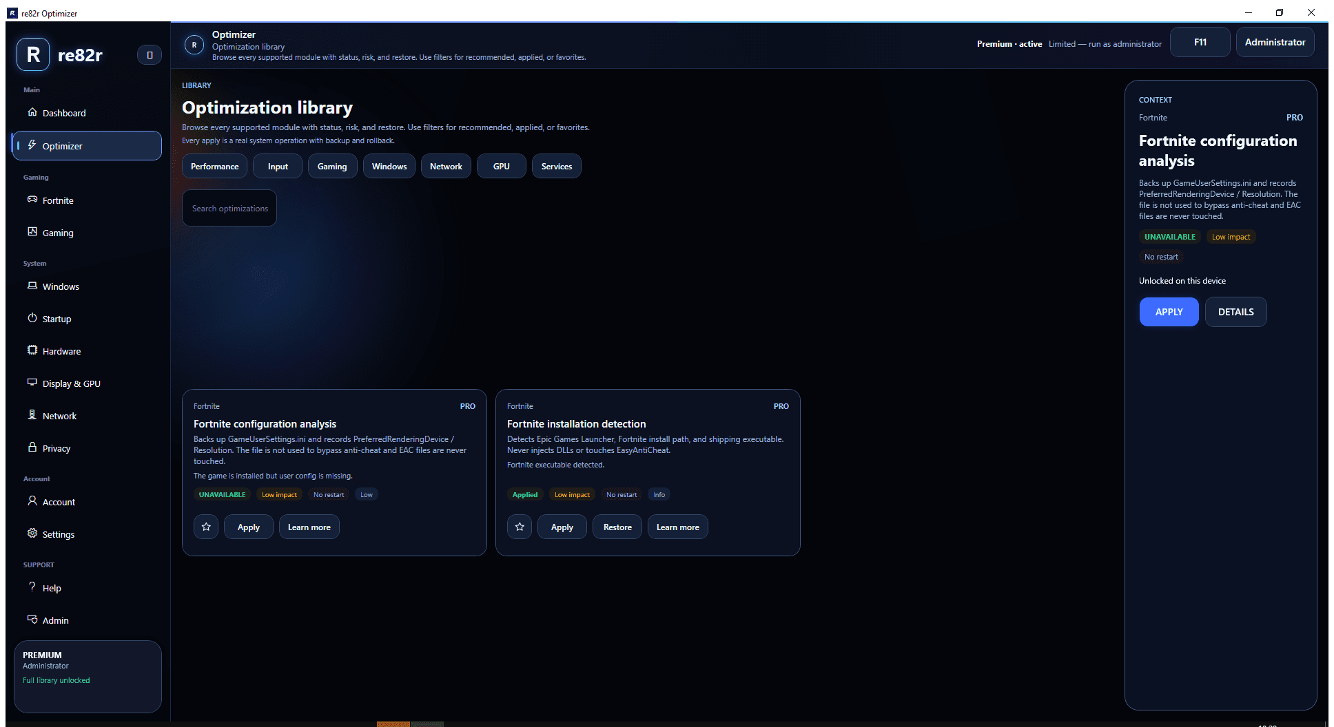 Fortnite configuration analysis and installation detection in the optimizer library